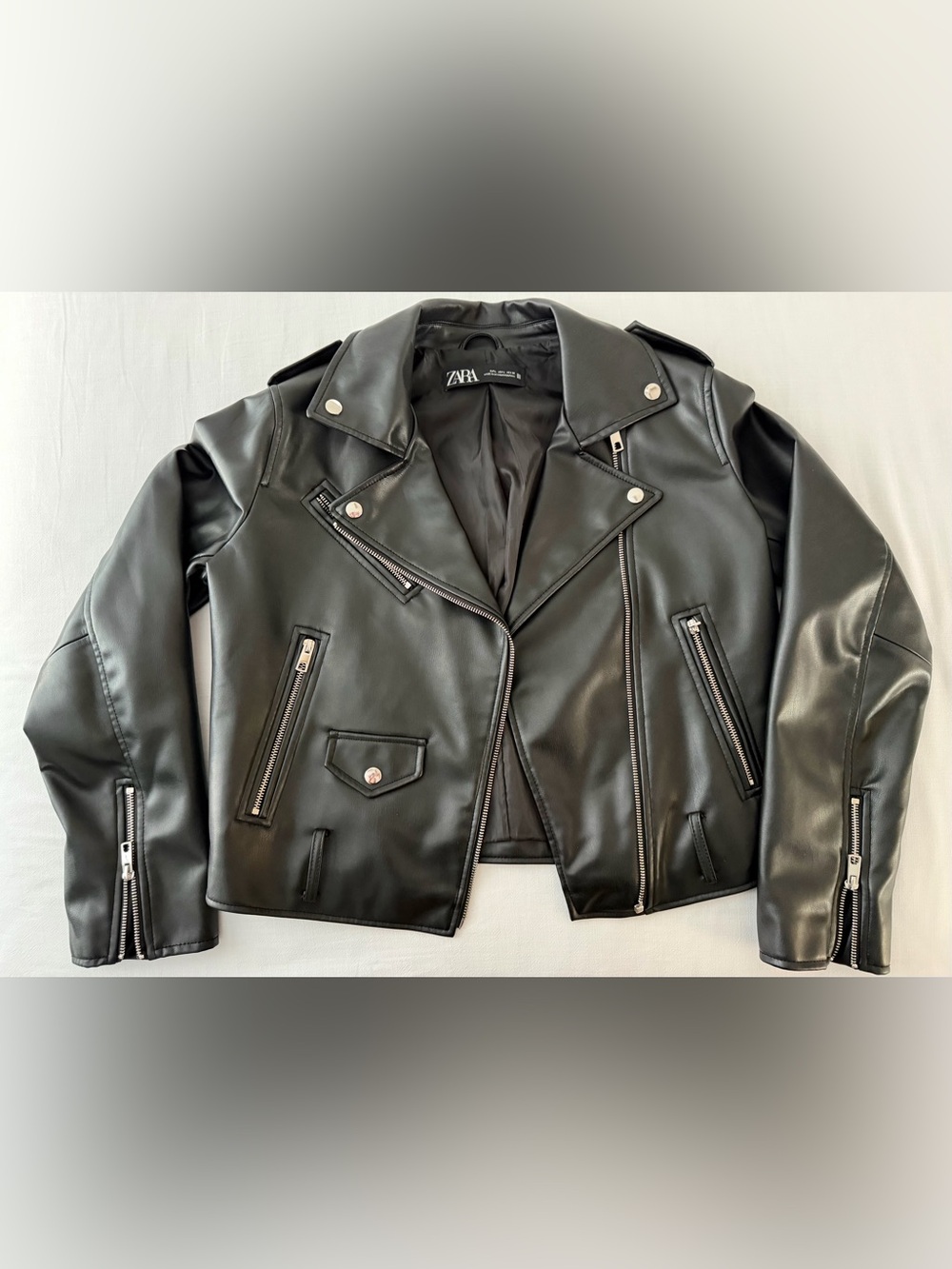 ZARA Black Faux Leather Biker Jacket with Silver Hardware